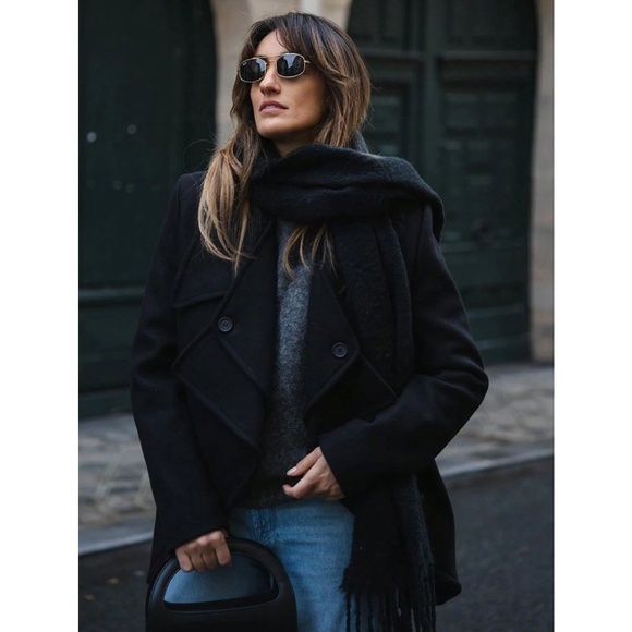 Black Wide Shawl Scarf With Tassels Fuzzy Knit Tassel Fringe Detail Hem - Picture 5 of 16